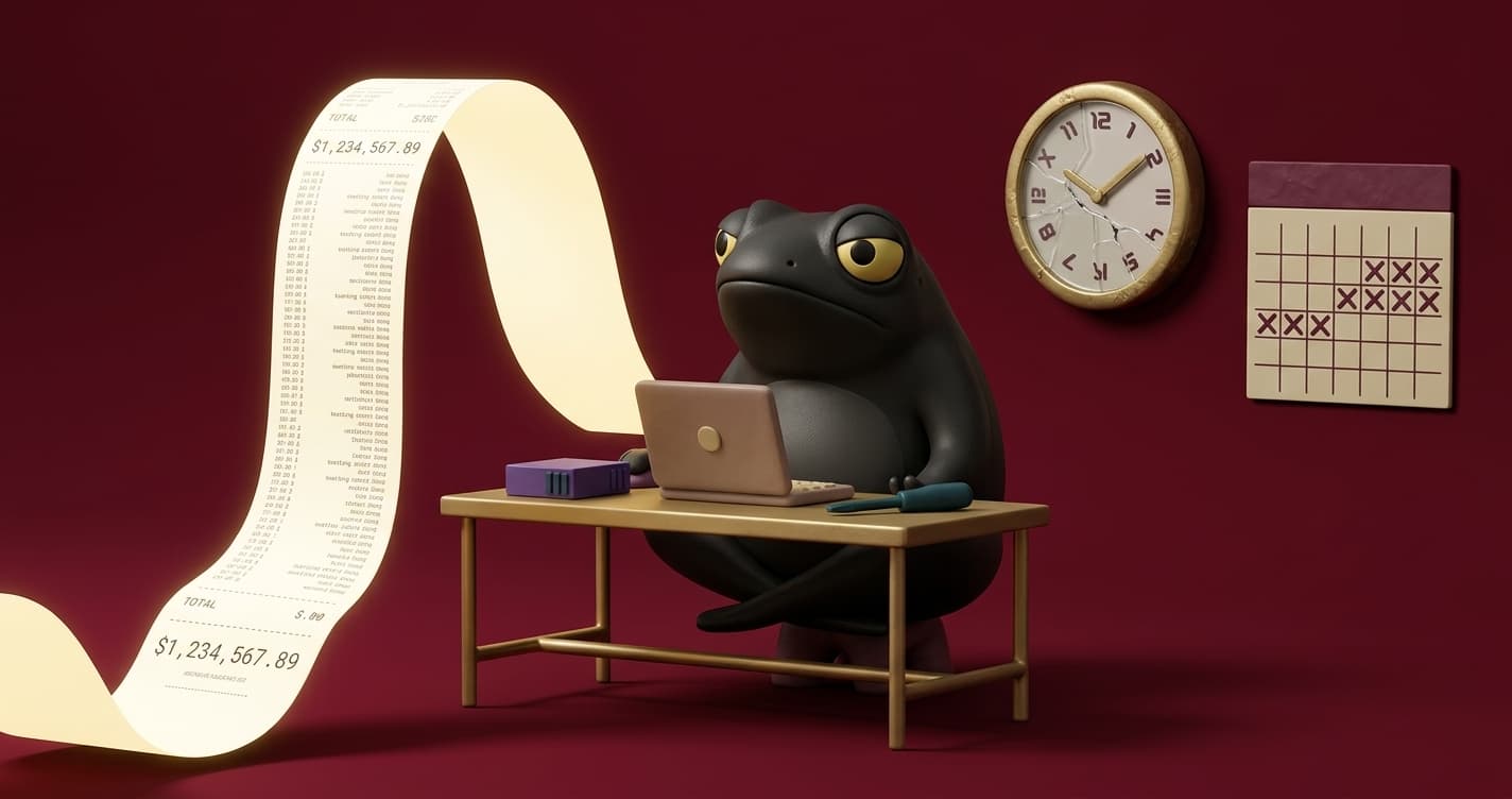 Quara at a desk faced with a towering receipt of AI agent merge costs, rework, delays, and churn, with a cracked calendar on the wall