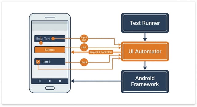 UI Automator Android testing framework showing mobile automation with device testing and code examples