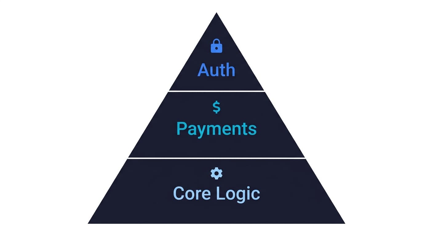 API testing strategy diagram showing a startup's critical endpoint pyramid with auth, payments, and core business logic at the top