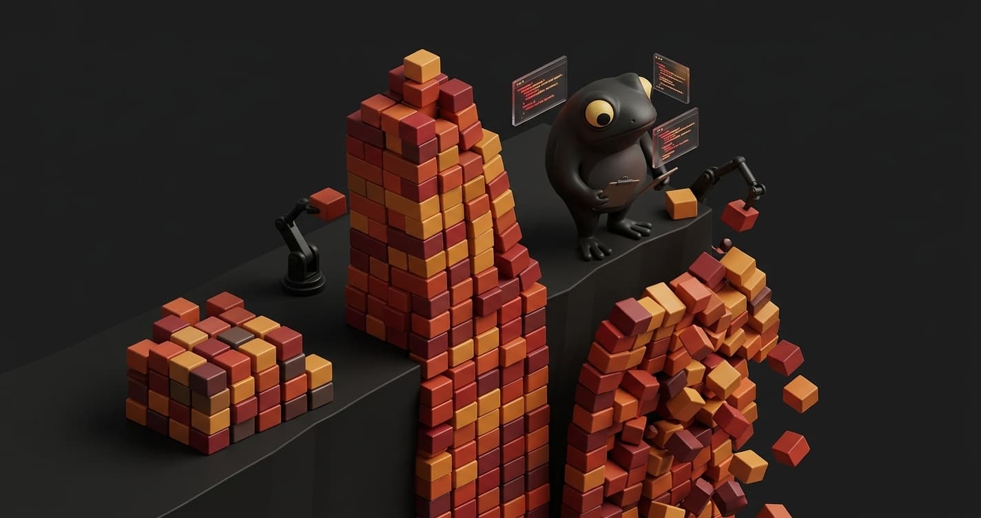 Automated regression testing dashboard showing a growing test suite hitting a maintenance cliff as AI-generated code accelerates