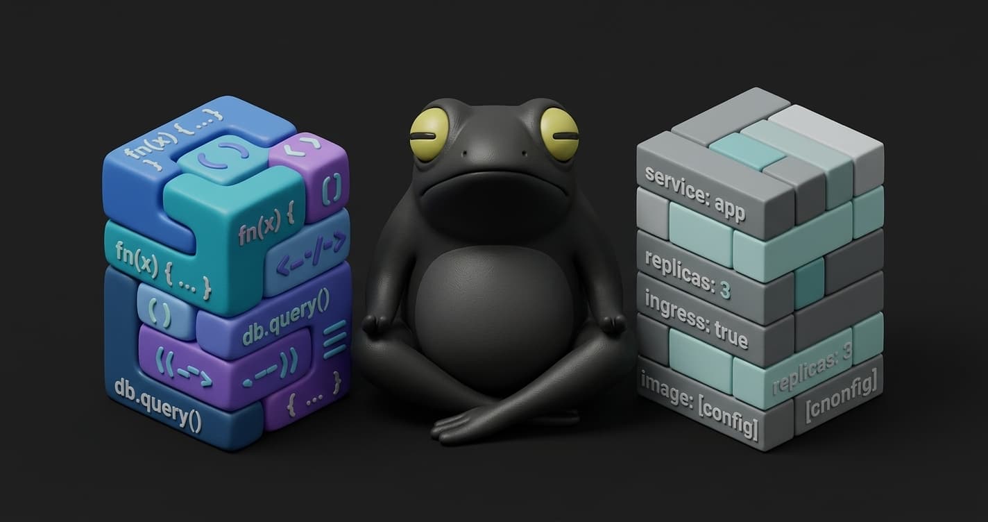 Side-by-side comparison of AWS CDK TypeScript code and CloudFormation YAML showing the same infrastructure with dramatically different verbosity