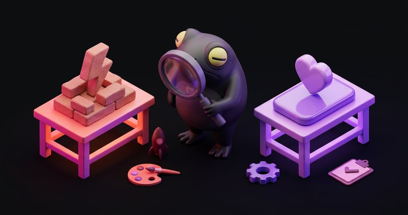 Bolt.new vs Lovable comparison: two glowing orbs representing competing no-code AI builders examined by Quara the frog mascot in a miniature toy arena