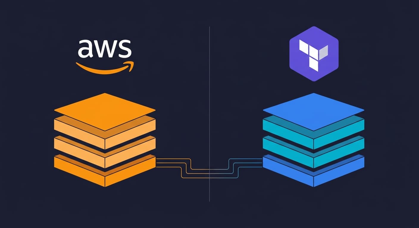 Side-by-side architecture diagram comparing AWS CloudFormation stacks and Terraform configuration files managing cloud infrastructure
