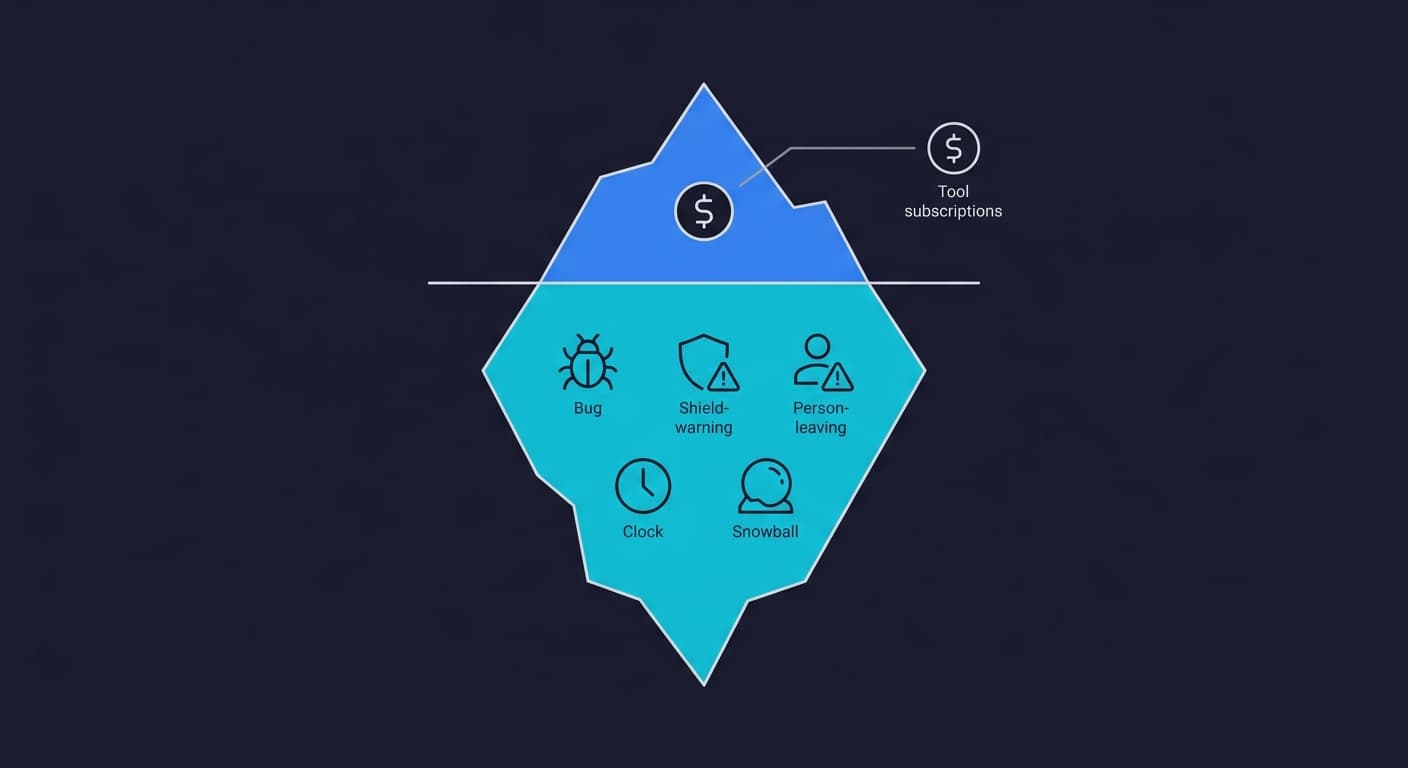CTO reviewing a cost breakdown dashboard showing the hidden expenses of vibe coding: bugs, churn, security incidents, and technical debt