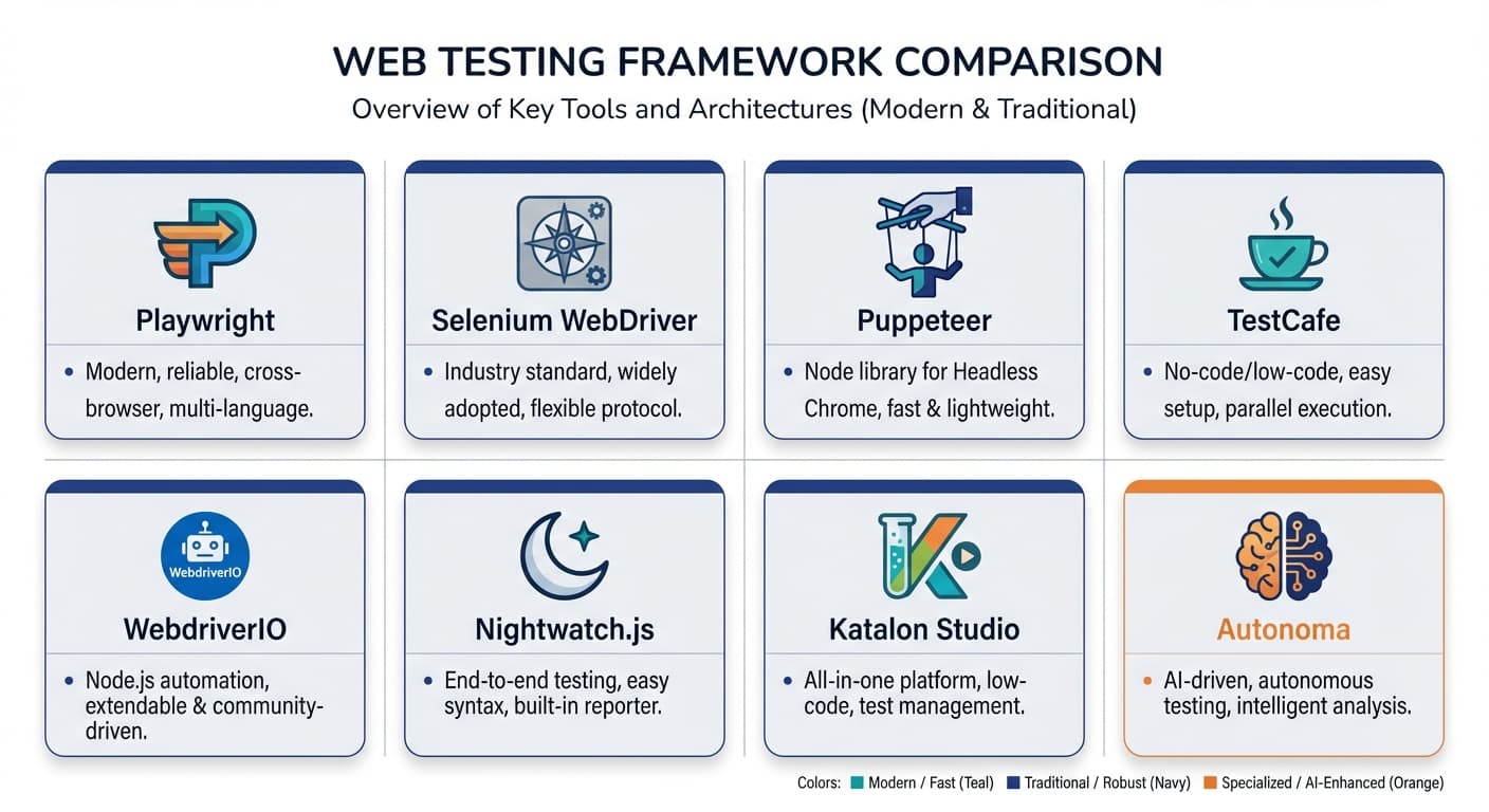 Cypress alternatives comparison showing top E2E testing frameworks and modern web automation tools