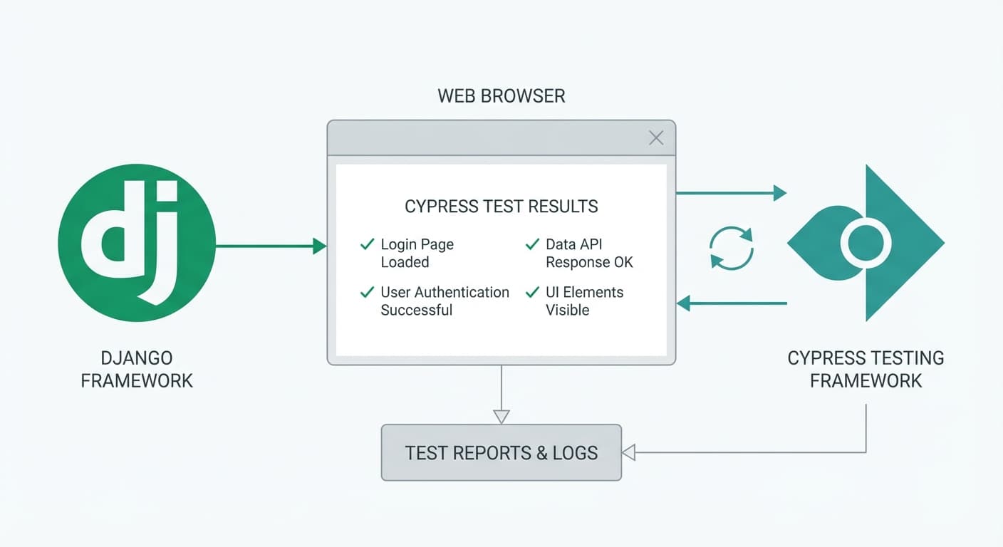 Django and Cypress testing framework integration showing browser-based E2E testing for Python web applications