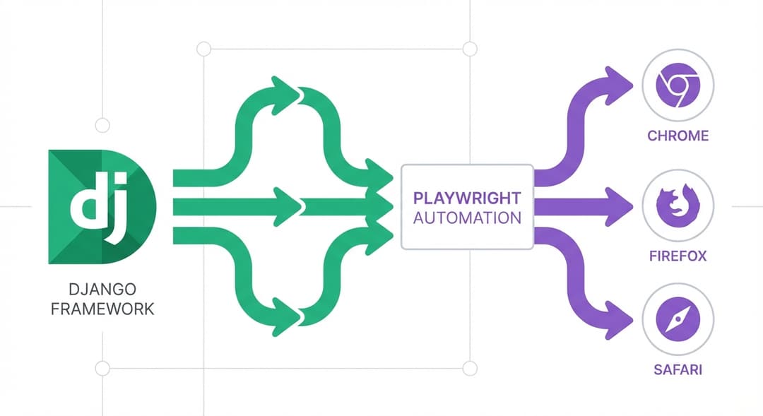 Django and Playwright testing framework integration diagram showing automated browser testing workflow for Python web applications