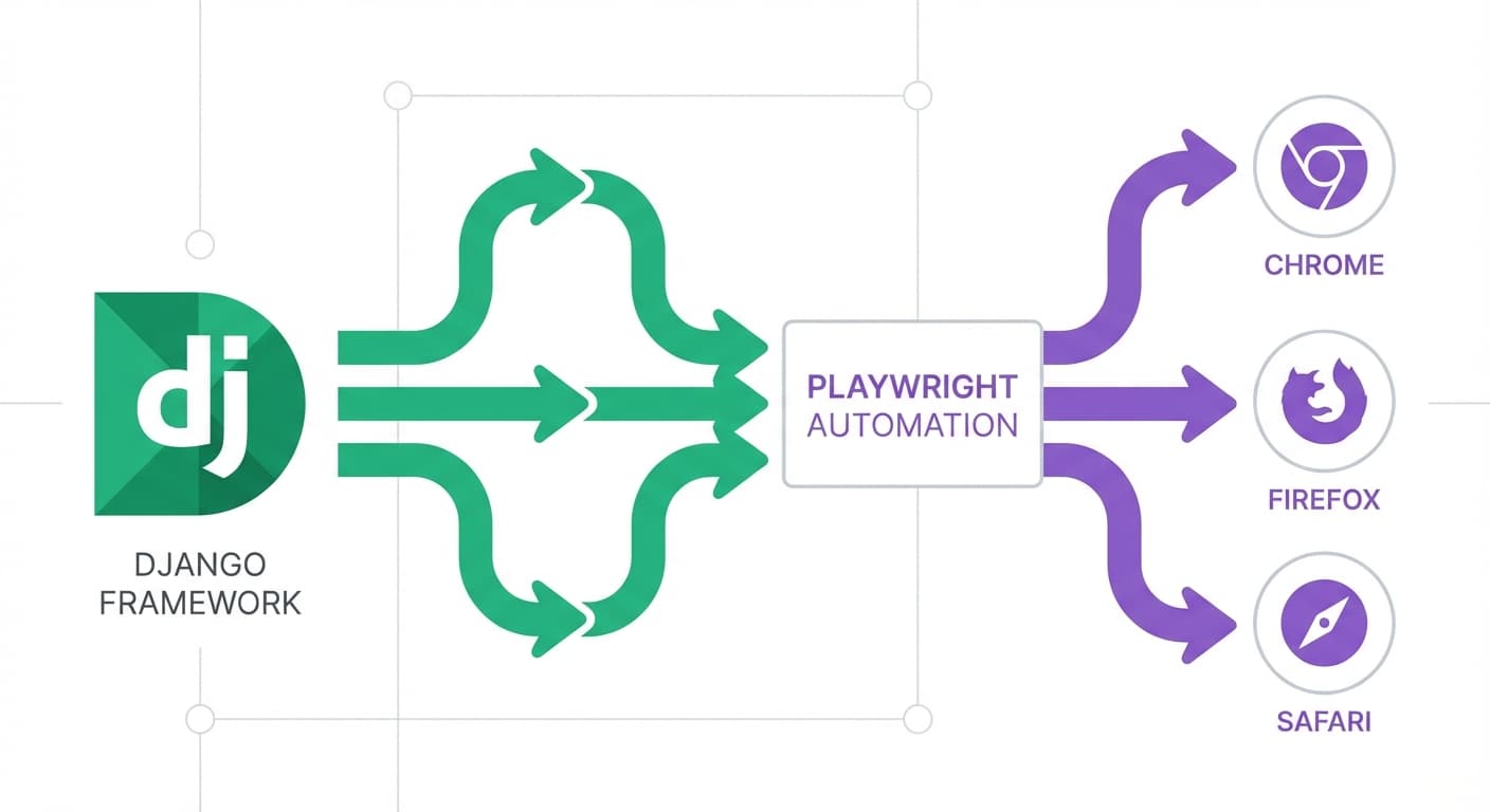 Django and Playwright testing framework integration diagram showing automated browser testing workflow for Python web applications