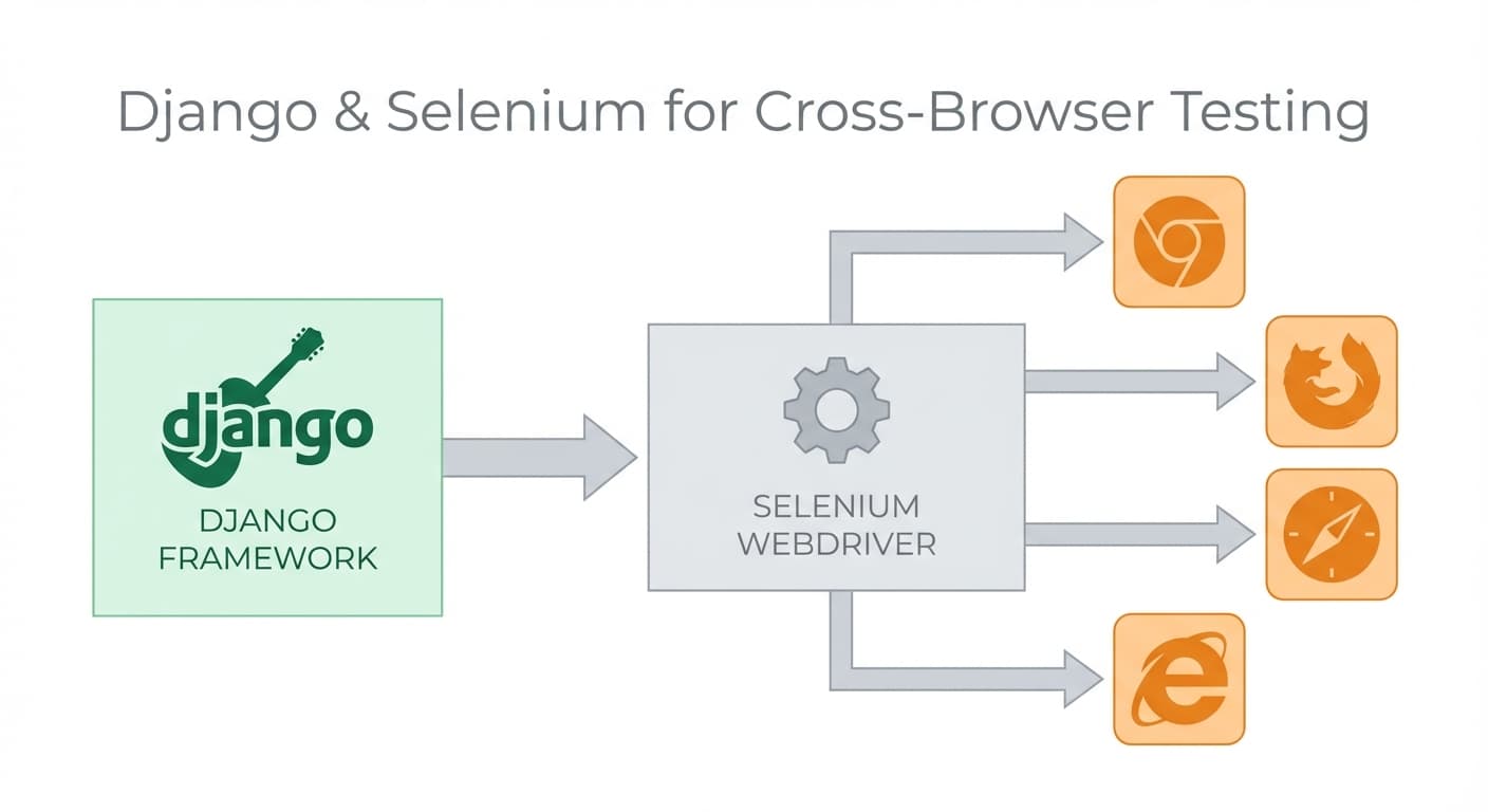 Django and Selenium WebDriver integration showing cross-browser automated testing for Python web applications