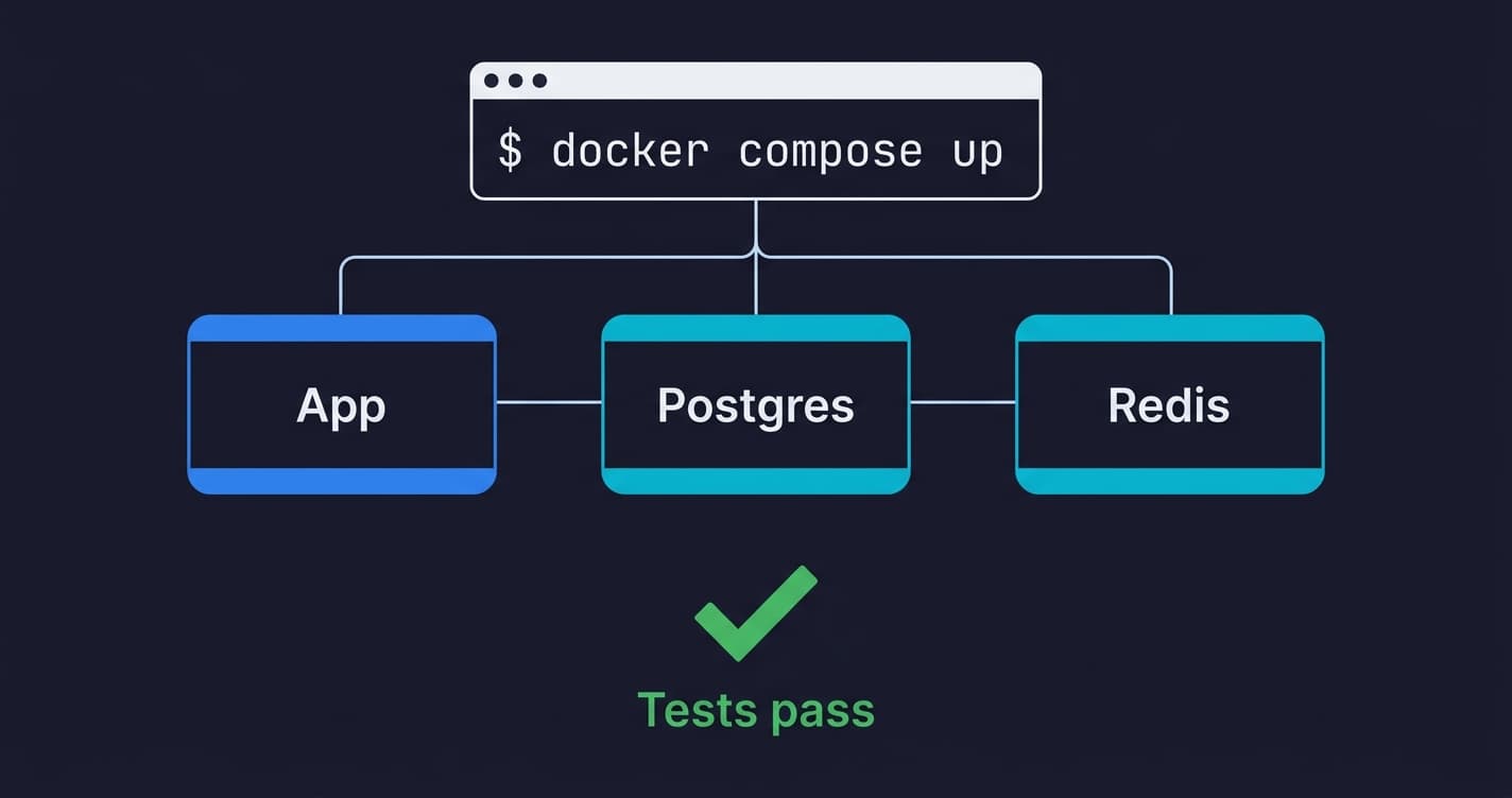 Docker Compose orchestrating app, database, and cache containers for a reproducible test environment with a single command