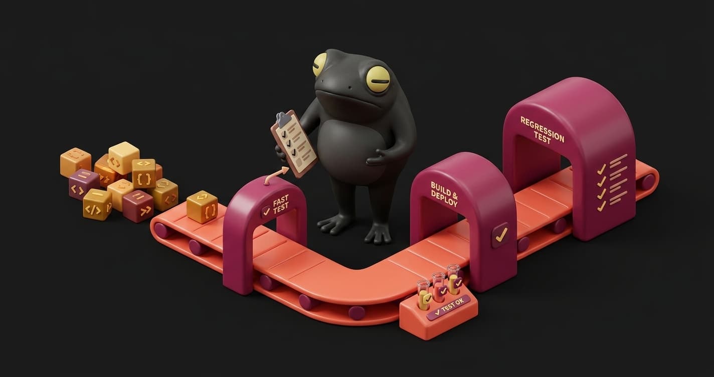 Strategic framework diagram for end-to-end testing in AI-augmented development teams showing test selection, pipeline placement, and coverage prioritization