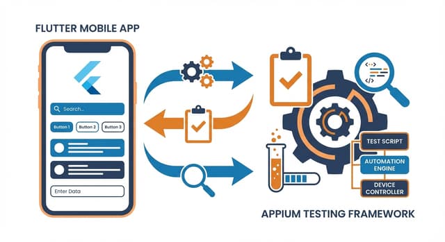 Flutter mobile app testing with Appium framework showing automated testing workflow for iOS and Android