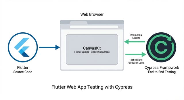 How to test Flutter web apps with Cypress - architecture diagram showing browser-based E2E testing workflow for Flutter web applications with CanvasKit renderer