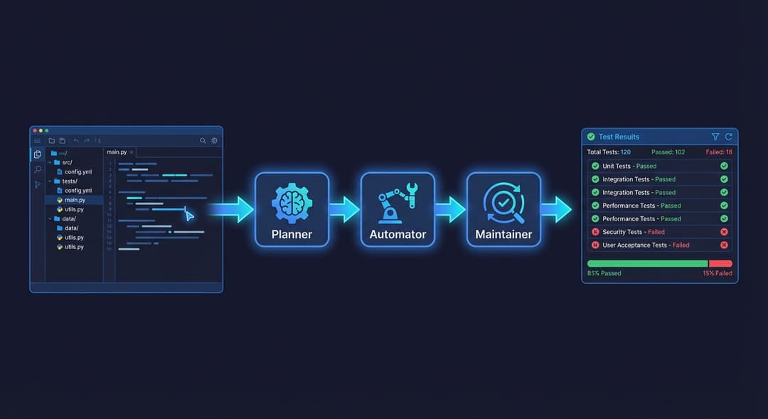Generative AI software testing diagram showing AI reading codebase and generating test cases automatically