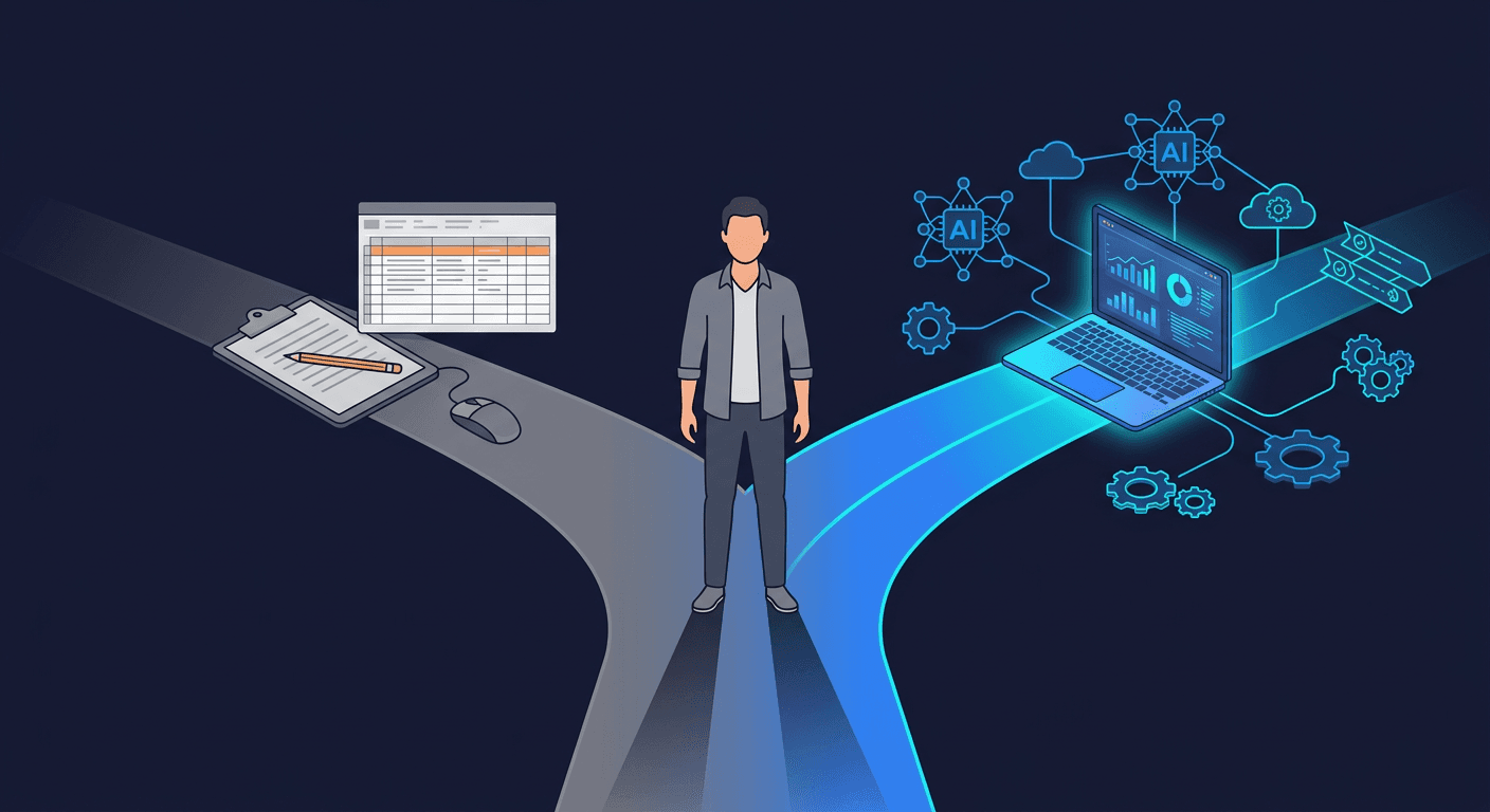 QA engineer at a crossroads between traditional manual testing and AI-powered quality strategy in the vibe coding era