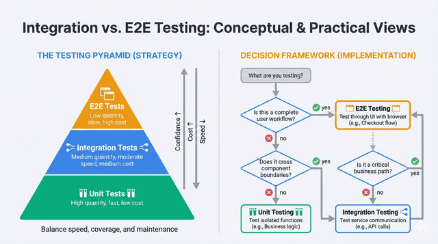 Integration testing vs E2E testing comparison diagram showing testing pyramid with unit tests at base, integration tests in middle, and end-to-end tests at top, plus decision framework flowchart