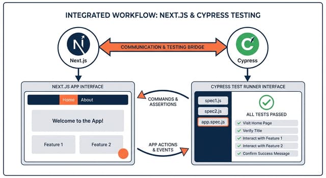 How to test Next.js apps with Cypress - complete testing guide for Next.js applications showing E2E testing workflow with server components, client components, and API routes
