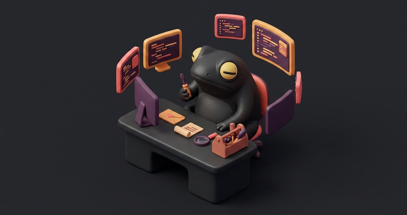 6 Postman alternatives for API testing, illustrated by Quara the frog mascot comparing developer tooling options at a desk with floating monitors