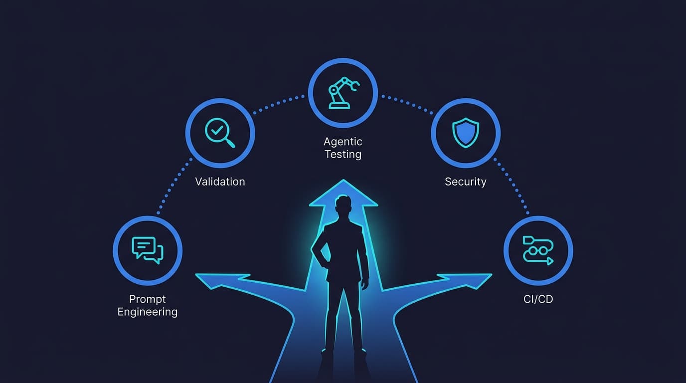 QA engineer confidently navigating the vibe coding era with a roadmap showing new skills, career paths, and opportunities