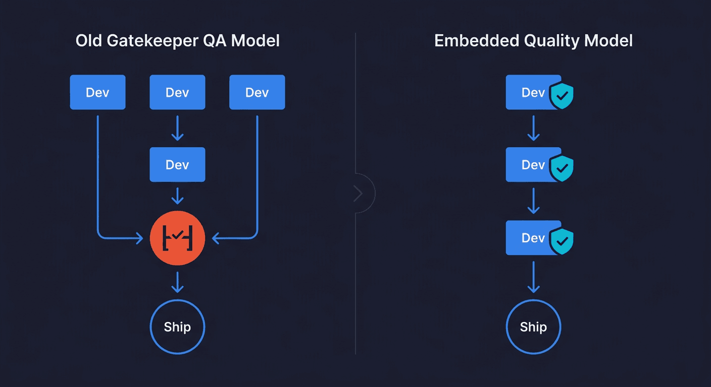Engineering team transitioning from a gatekeeper QA model to an embedded quality engineering approach with automated tests in CI