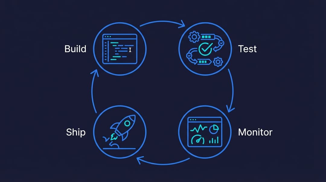 Quality engineering systems diagram showing feedback loops, CI pipelines, and automated testing integrated into the development workflow