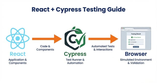 How to test React apps with Cypress - integration diagram showing browser-based E2E testing workflow for React applications