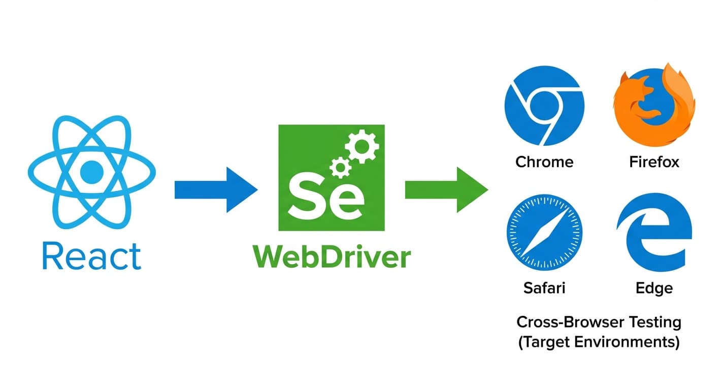 React and Selenium WebDriver integration diagram showing cross-browser automated testing workflow