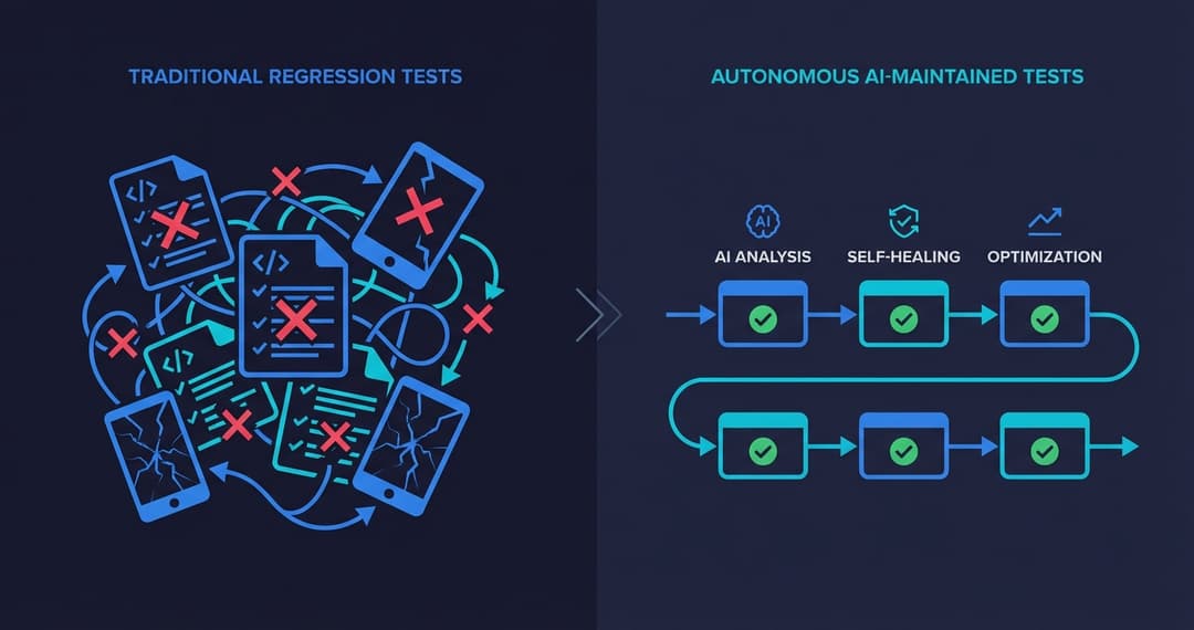 Regression testing workflow showing automated tests adapting to code changes without manual maintenance