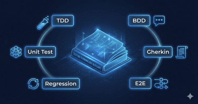 Software testing terminology guide showing key concepts like TDD, BDD, Gherkin syntax, and test types