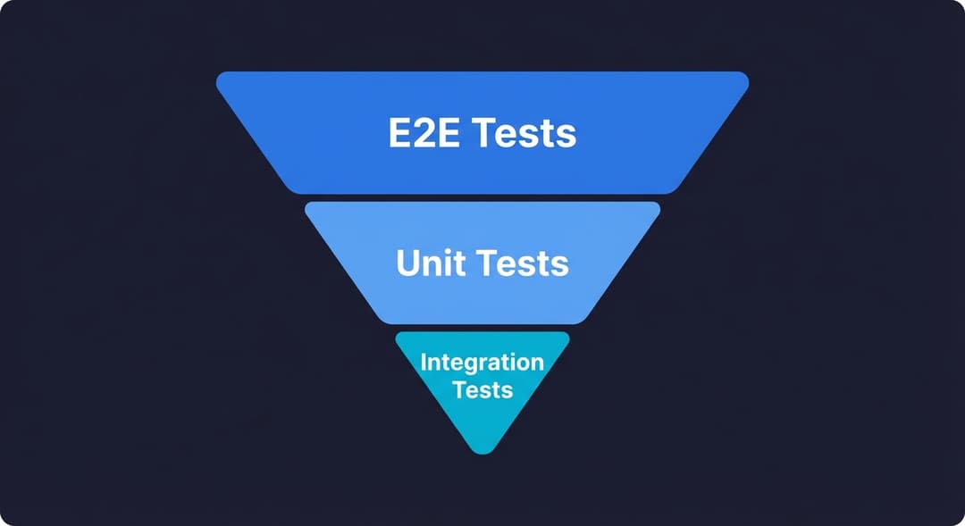 Inverted testing pyramid showing E2E tests at the base and unit tests at the top, representing a modern testing strategy for lean engineering teams