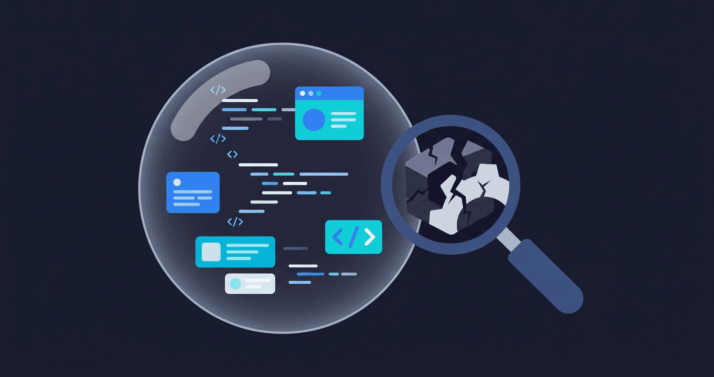 Vibe coding bubble illustration showing untested AI-generated software
