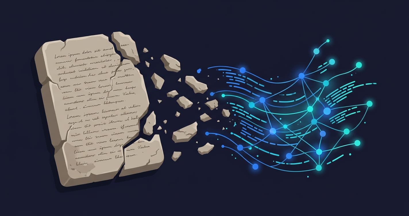 Crumbling stone tablet labeled 'test suite' dissolving into digital code streams, symbolizing the transformation of traditional testing in the vibe coding era