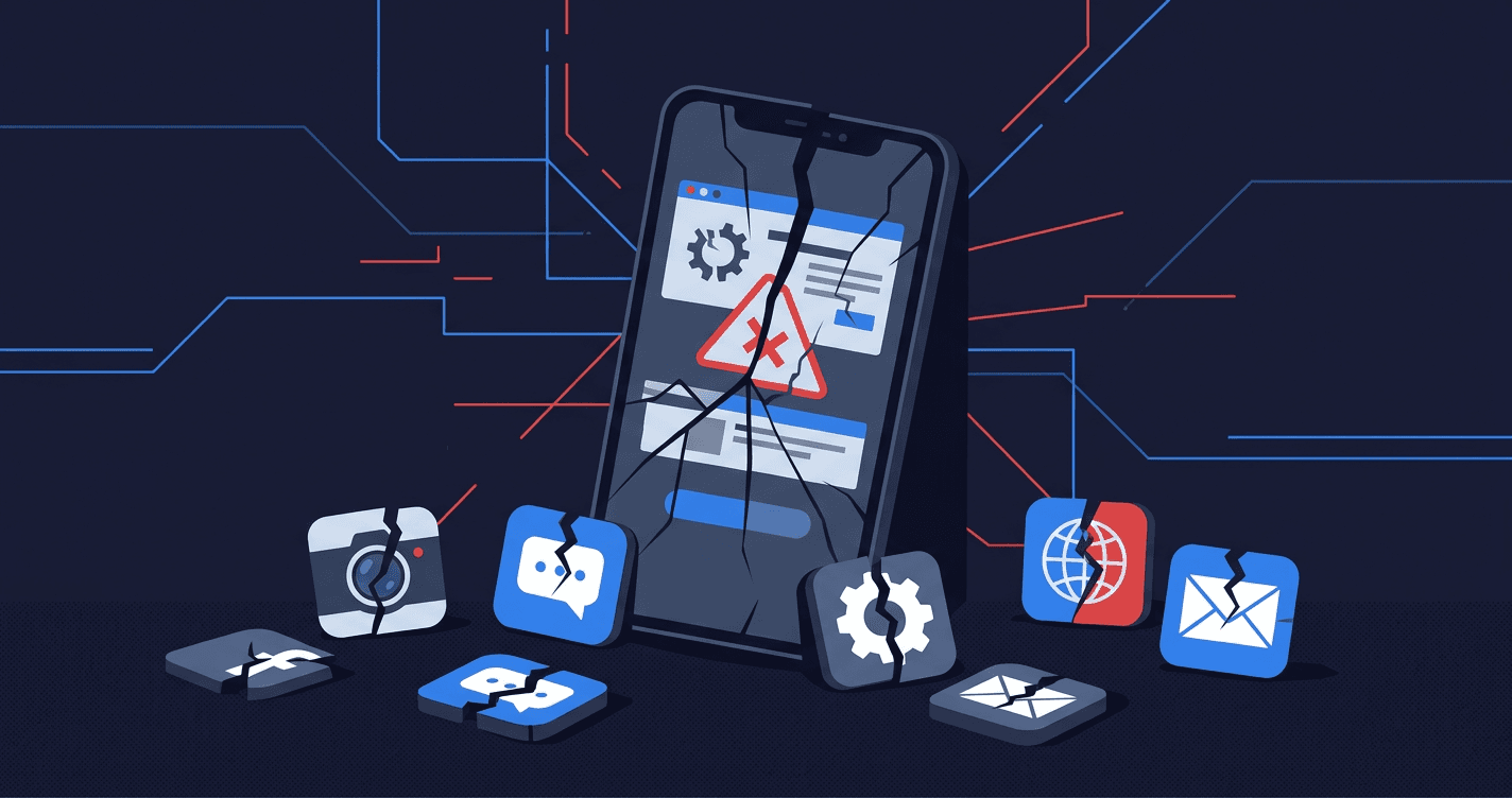 Cracked smartphone with broken app icons scattered around it, illustrating vibe coding failures in production
