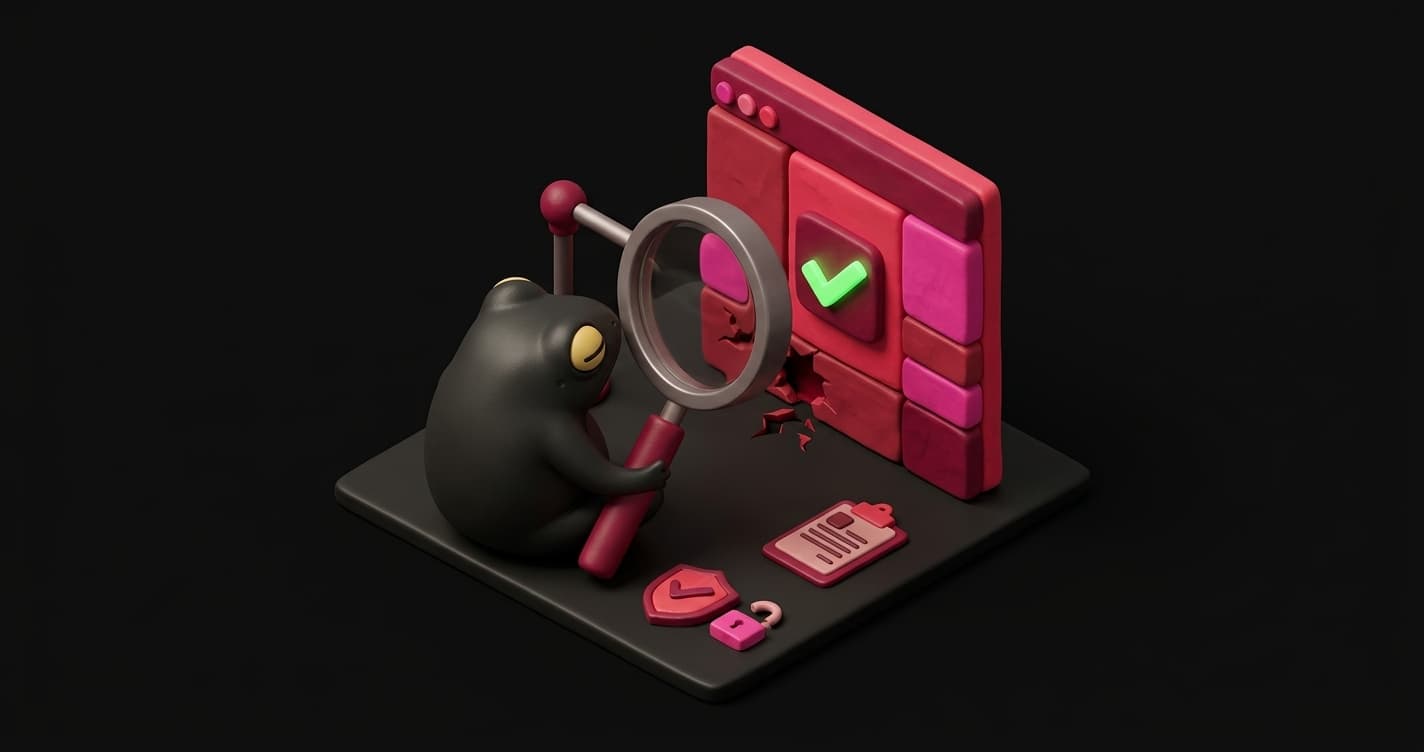 Security scanner showing a green checkmark on vibe-coded application code while hidden logic vulnerabilities remain invisible beneath the surface