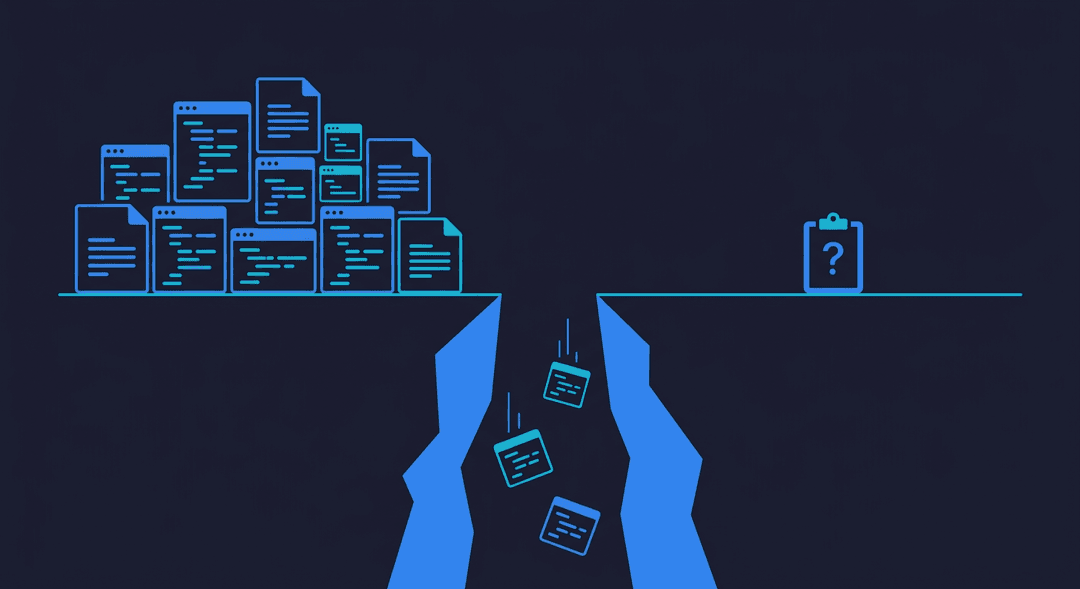 Conceptual illustration showing a chasm between rapid AI code generation on the left and an untested void on the right, representing the vibe coding testing gap