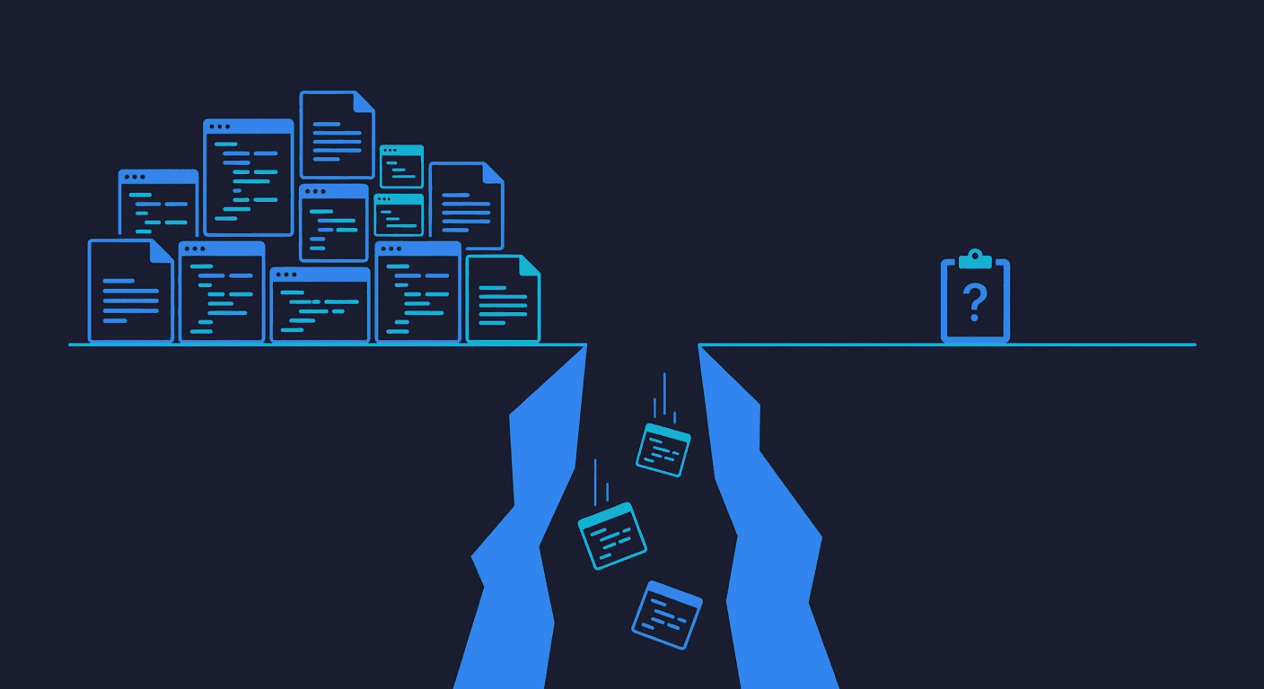 Conceptual illustration showing a chasm between rapid AI code generation on the left and an untested void on the right, representing the vibe coding testing gap