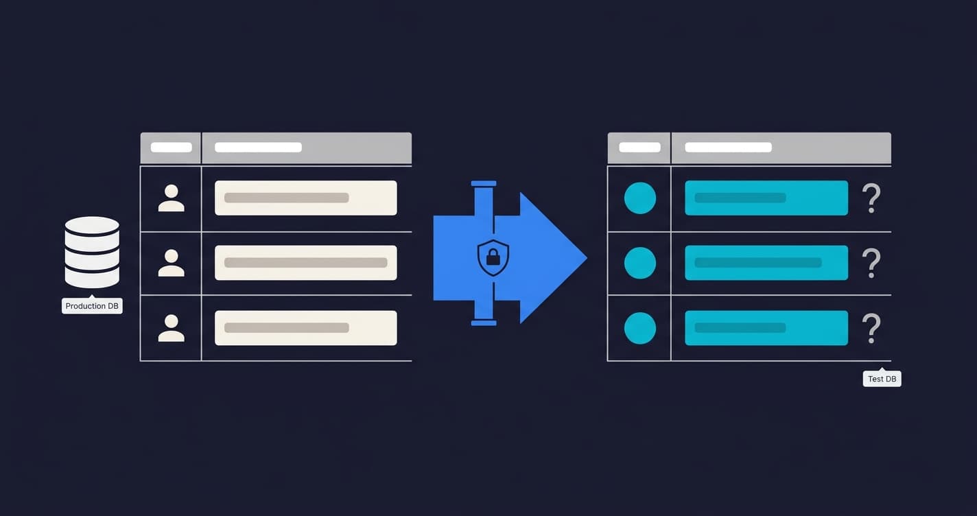 Data anonymization diagram showing production customer records being transformed into masked, pseudonymized, and synthetic test data across dev and staging environments