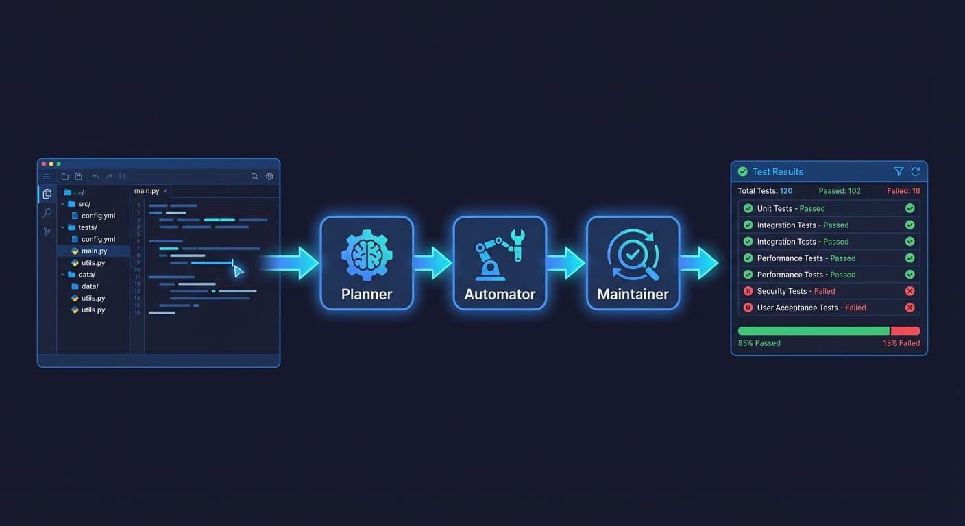 Generative AI in software testing diagram showing codebase input flowing through Planner, Automator, and Maintainer agents to produce test results