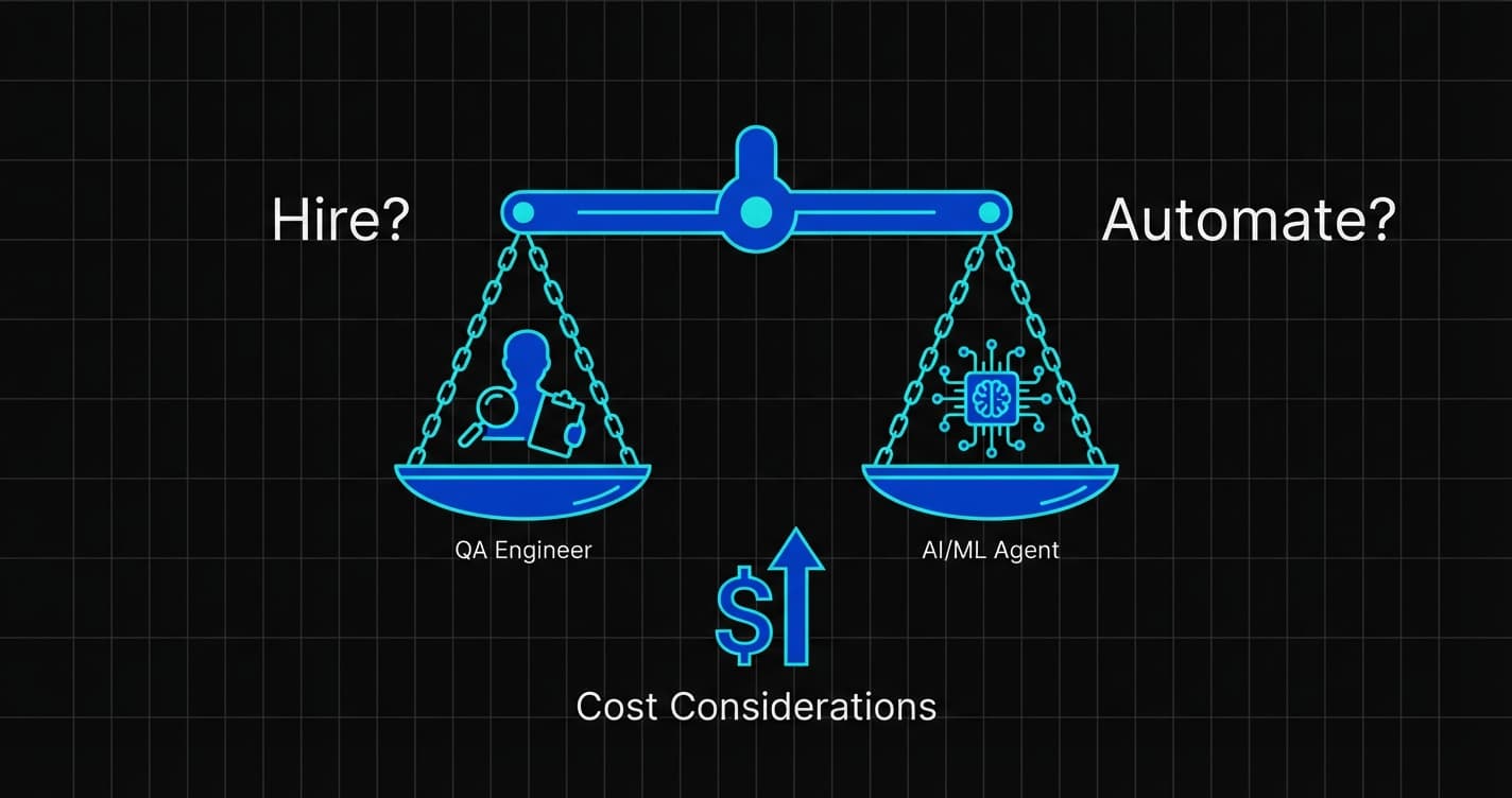 Decision framework diagram showing startup founders weighing hiring a QA engineer versus adopting AI-powered automated testing