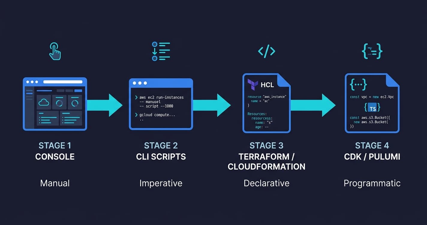Diagram showing the evolution from manual cloud console clicking through CLI scripts to infrastructure as code with Terraform and CloudFormation