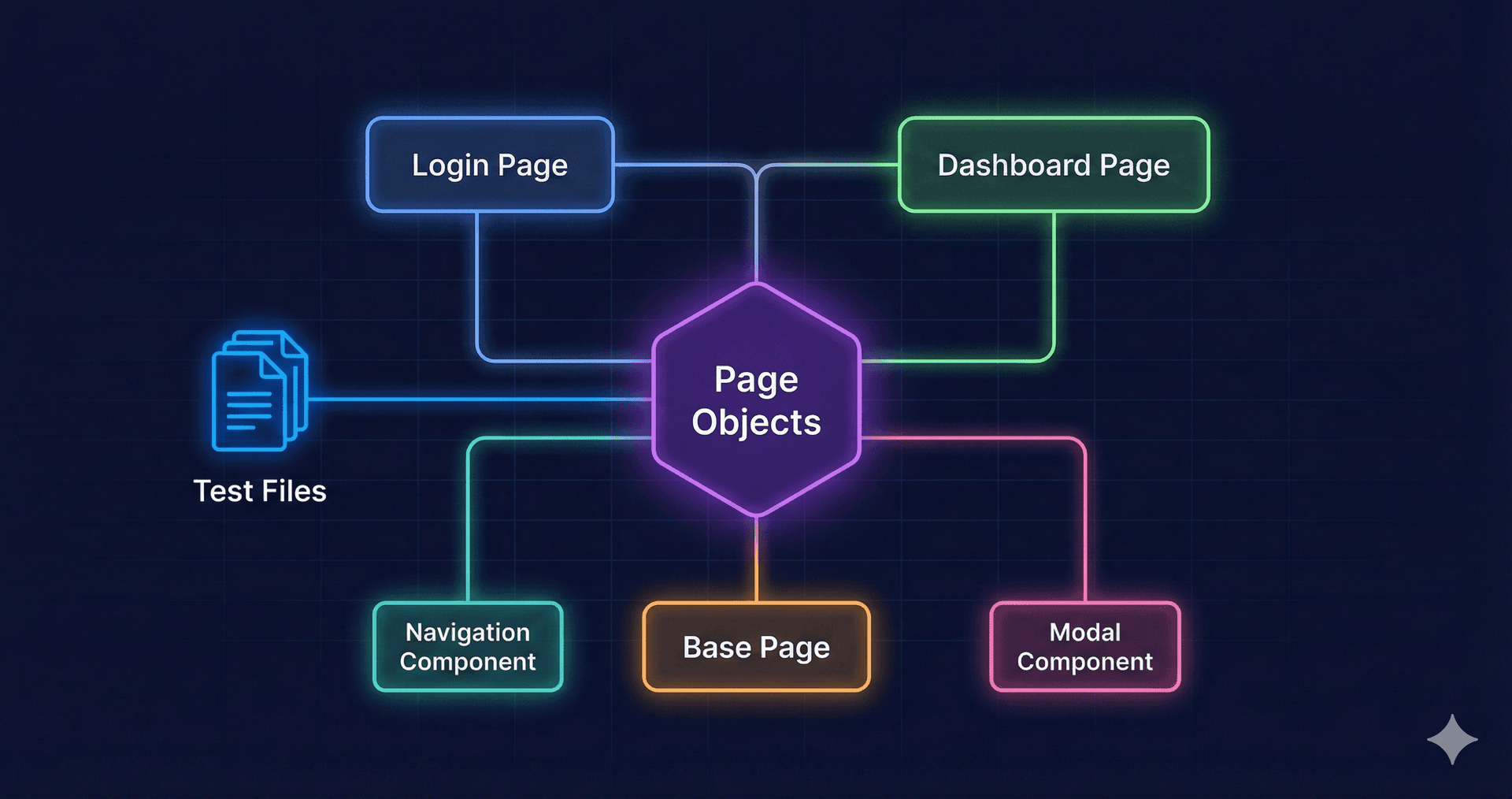 Page Object Model architecture diagram showing organized test structure with pages, components, and utilities