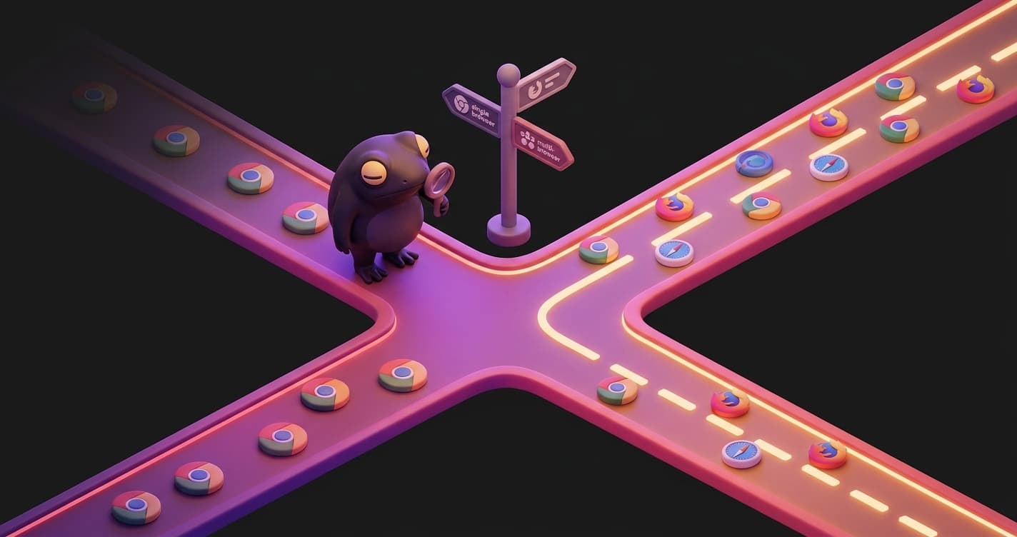 Side-by-side architectural comparison of Playwright and Puppeteer showing cross-browser support, test runner integration, and GitHub activity divergence from 2020 to 2026