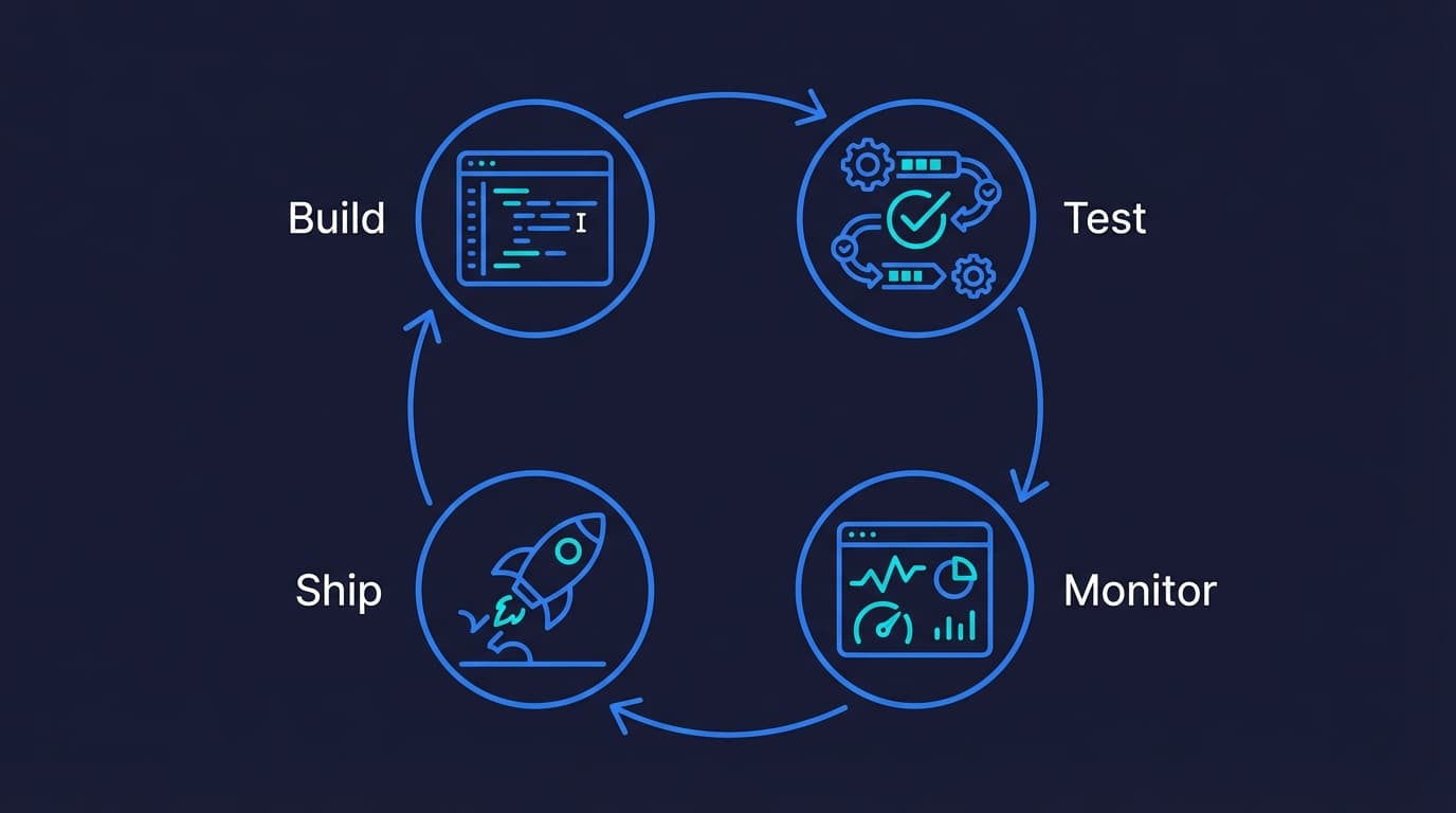 Quality engineering systems diagram showing feedback loops, CI pipelines, and automated testing integrated into the development workflow