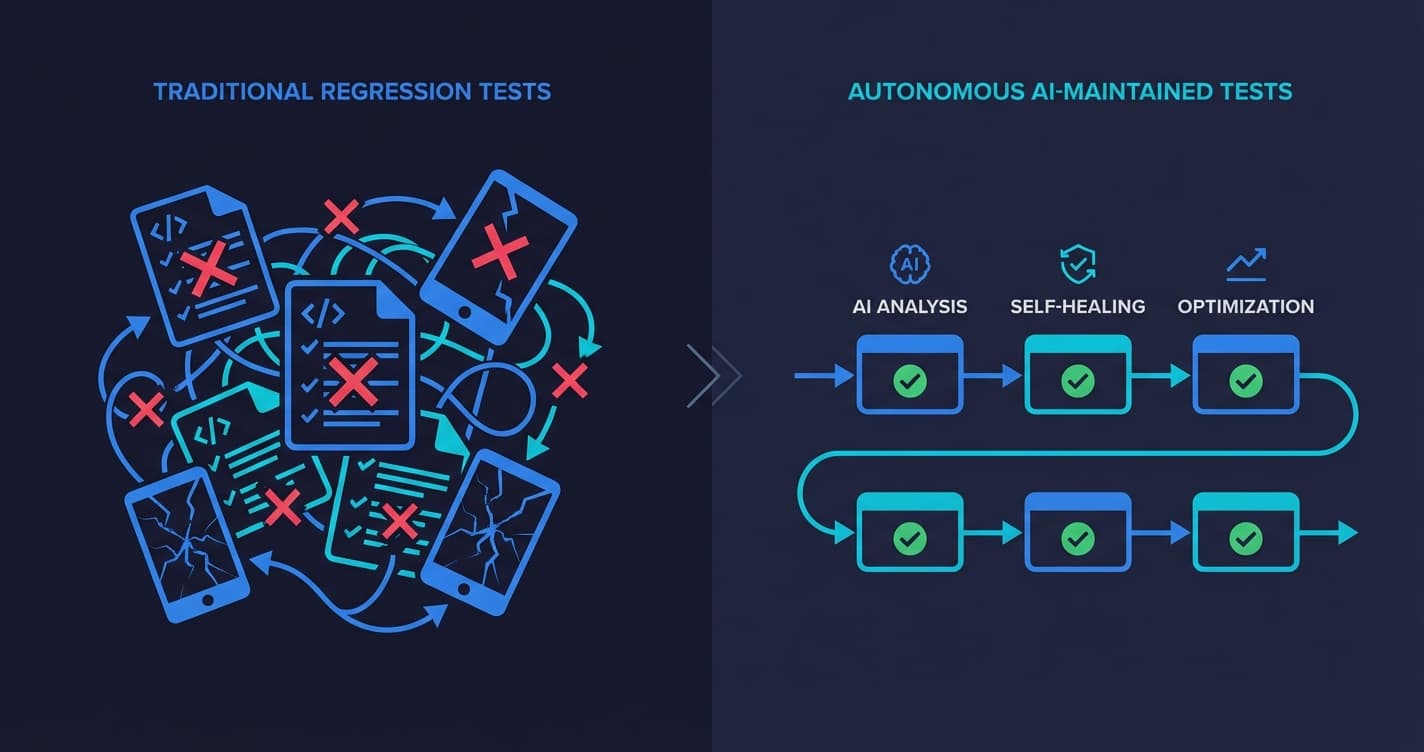 Regression testing workflow showing automated tests adapting to code changes without manual maintenance