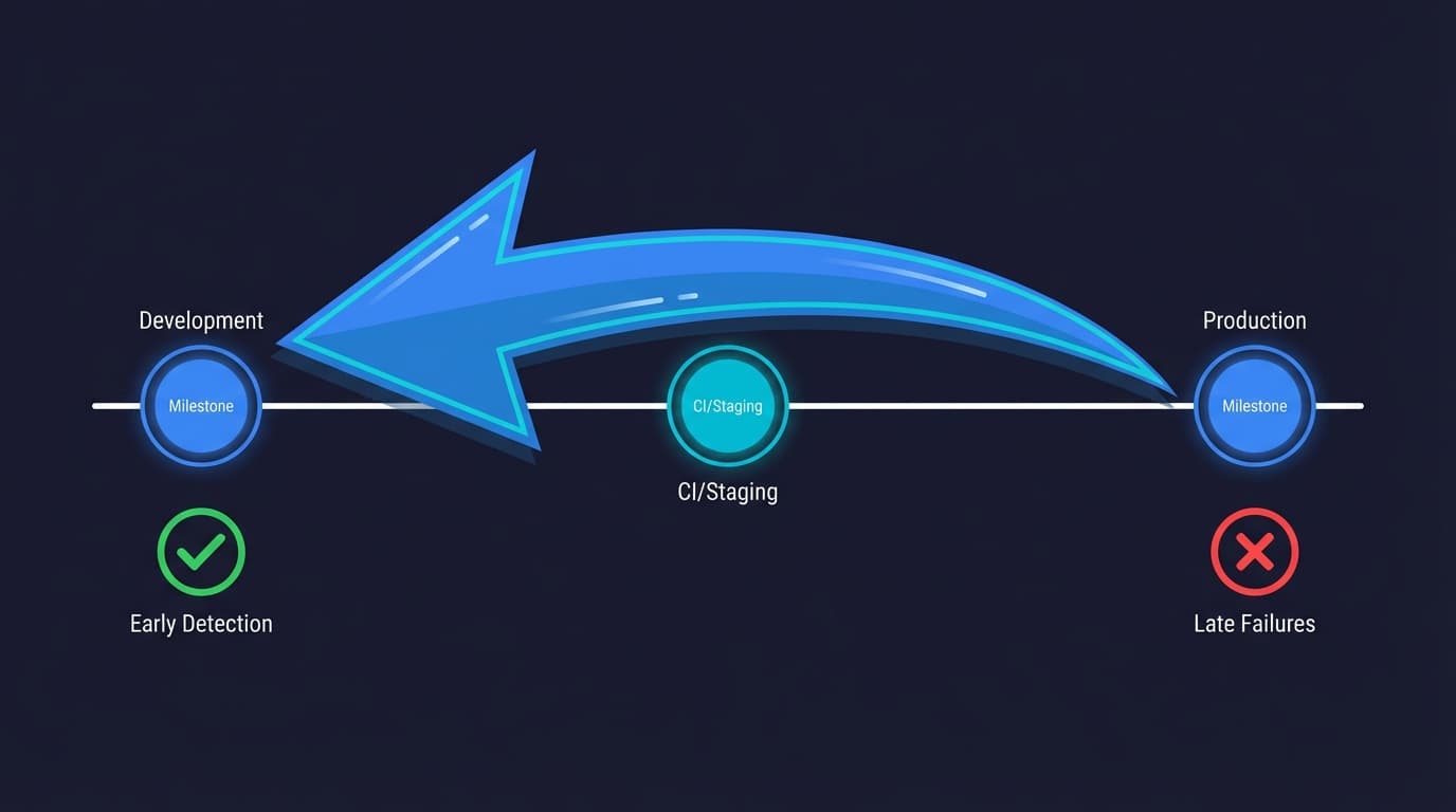 Shift left testing approach diagram showing bug detection moving earlier in the software development lifecycle for small engineering teams