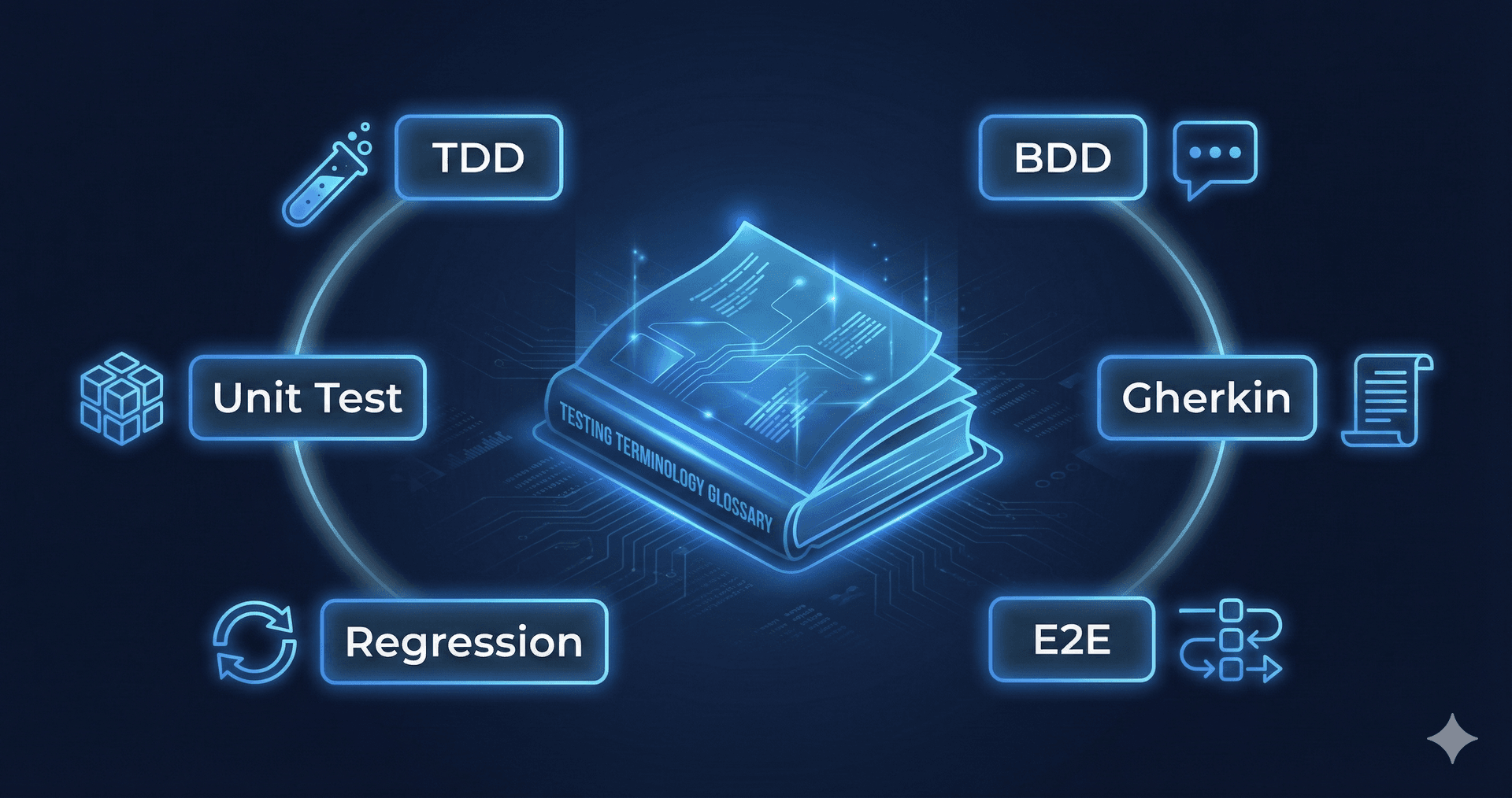 Software testing terminology guide showing key concepts like TDD, BDD, Gherkin syntax, and test types