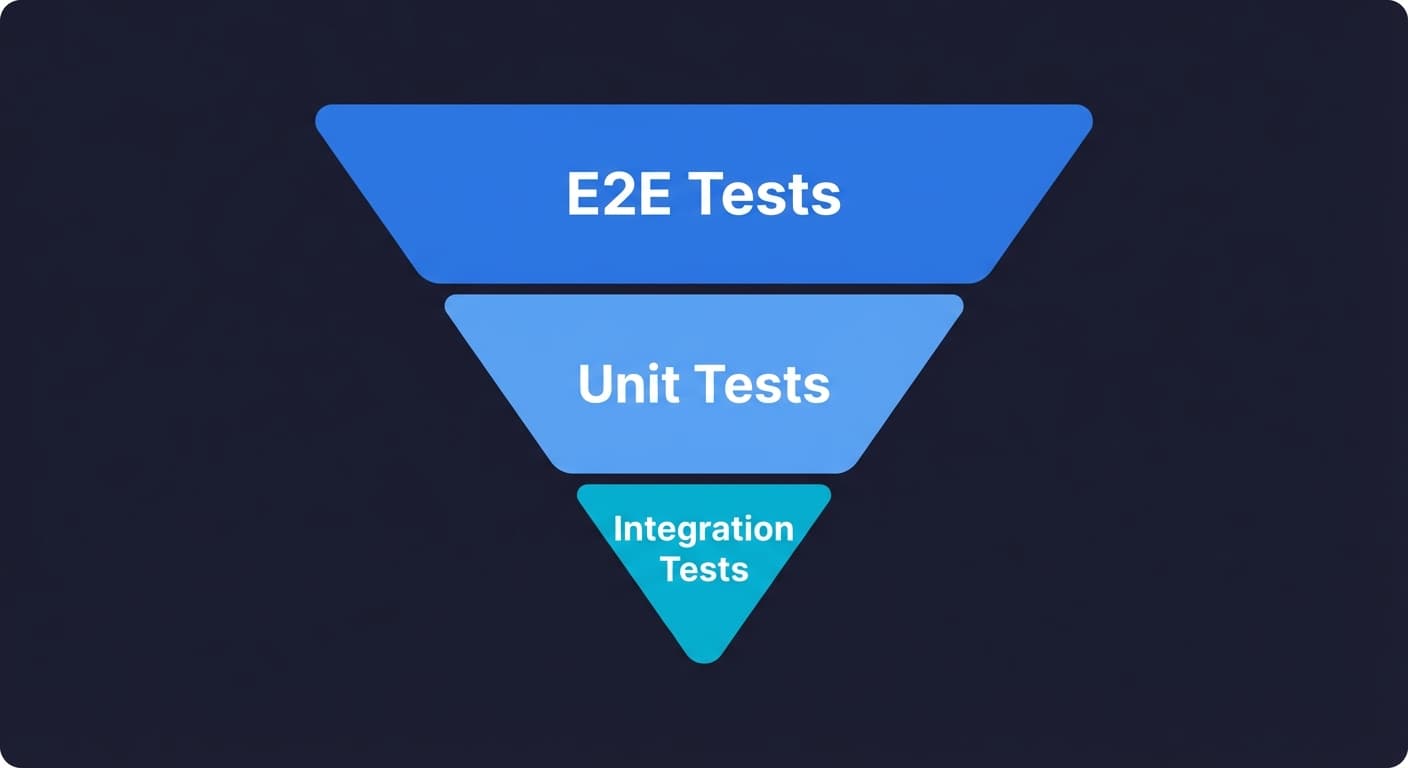 Inverted testing pyramid showing E2E tests at the base and unit tests at the top, representing a modern testing strategy for lean engineering teams