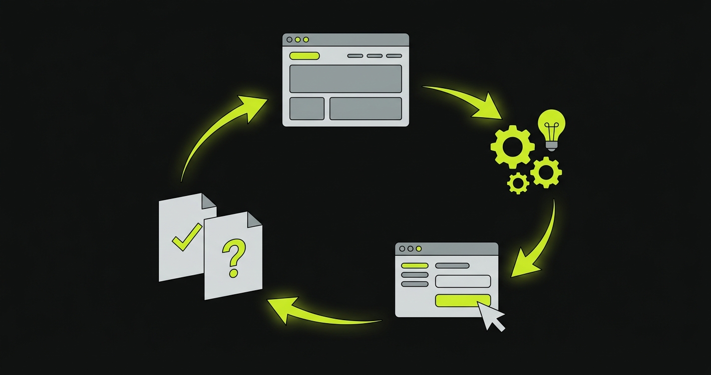 Text-free diagram of an agentic QA loop connecting observed app state, planning, browser action, evidence review, and replanning