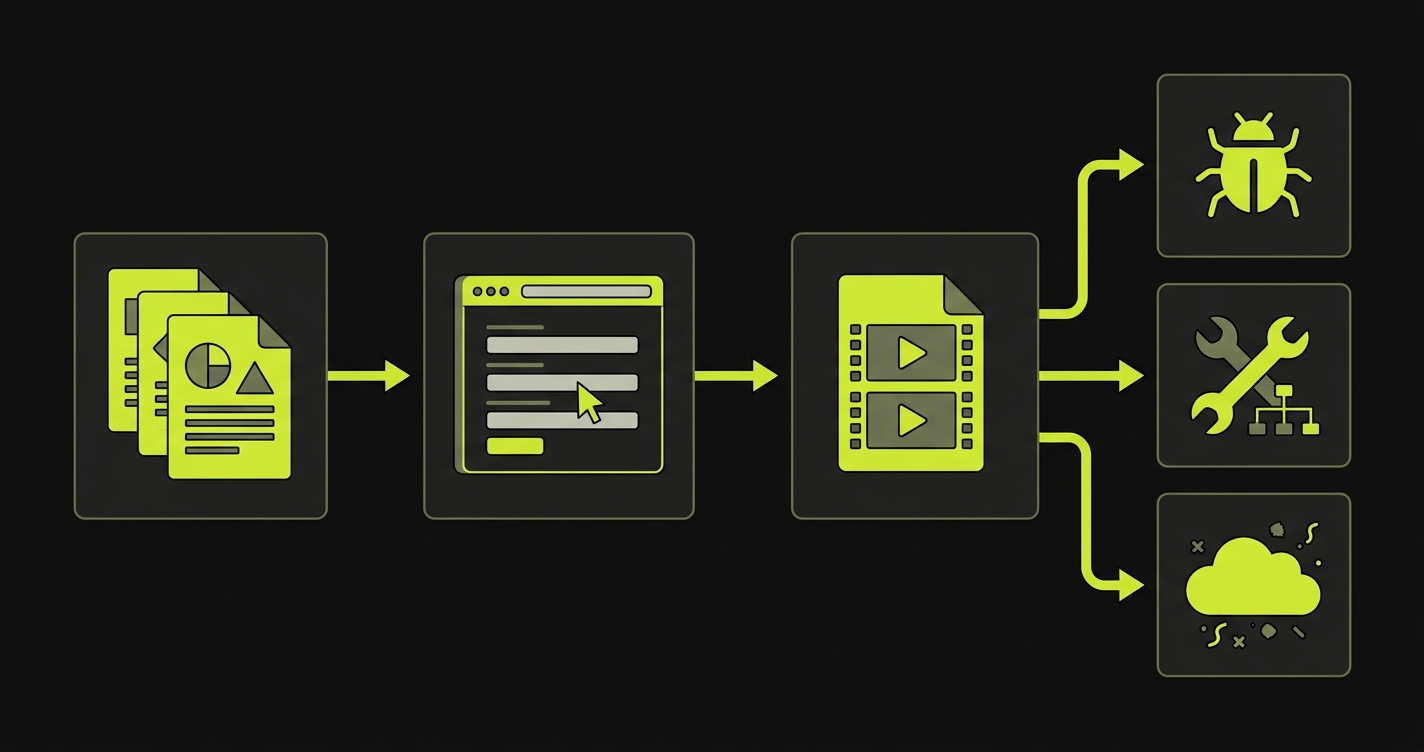 Text-free diagram of a signup test run producing plan artifacts, replay evidence, and reviewer verdict branches