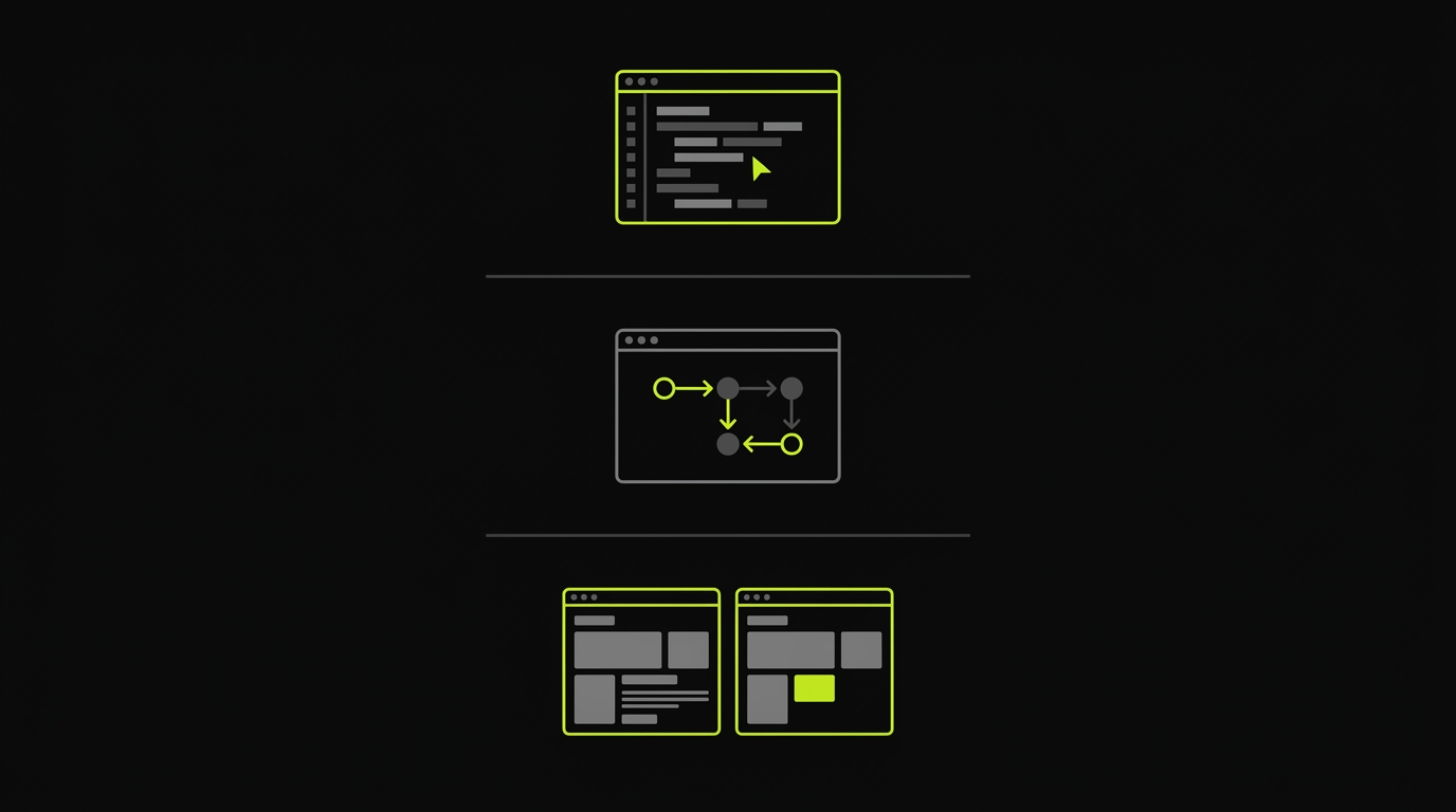 AI E2E testing categories: six meanings shown as a horizontal taxonomy diagram